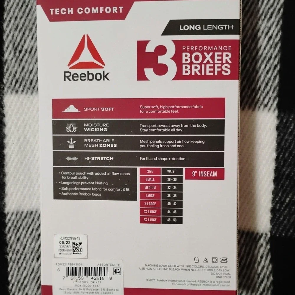 NWT Reebok Tech Comfort Performance Boxer Briefs 3-Pack Size S Long Length